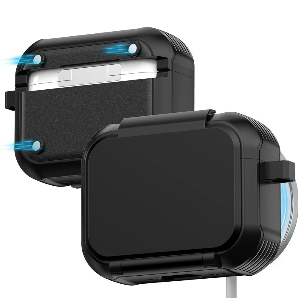 For AirPods Pro 3 Magnetic Case Mirror Phone Stand TPU + PC Earphone Protective Cover with Carabiner - Black - 2