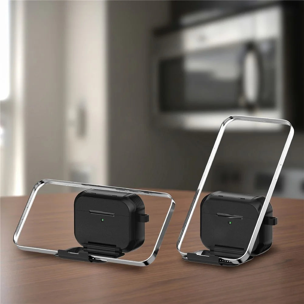For AirPods Pro 3 Magnetic Case Mirror Phone Stand TPU + PC Earphone Protective Cover with Carabiner - Black - 3