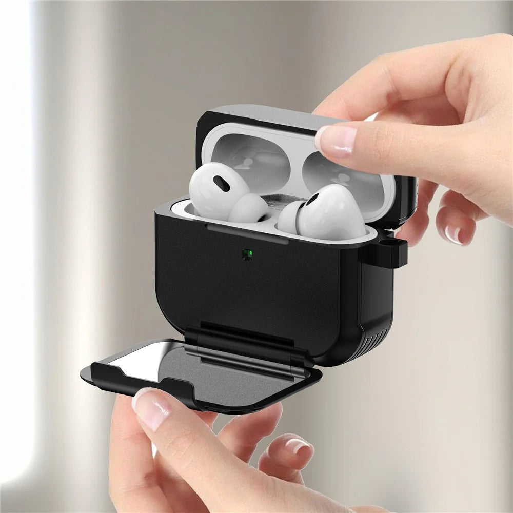For AirPods Pro 3 Magnetic Case Mirror Phone Stand TPU + PC Earphone Protective Cover with Carabiner - Black - 4