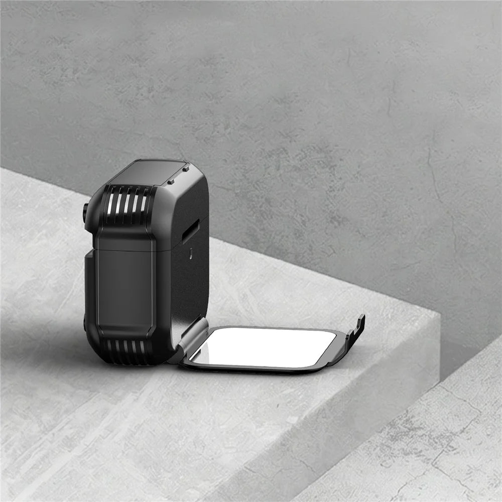 For AirPods Pro 3 Magnetic Case Mirror Phone Stand TPU + PC Earphone Protective Cover with Carabiner - Black - 7