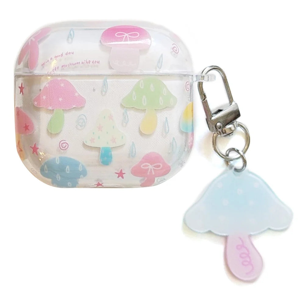 Case for Apple AirPods 4 IMD+TPU Colorful Mushroom Protective Cover with Keychain Charm & Buckle Clip - 1
