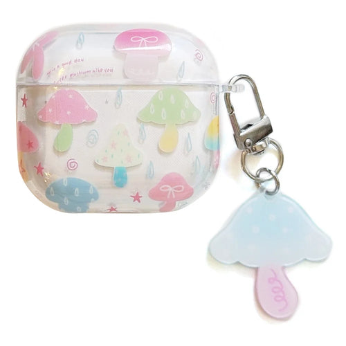 Case for Apple AirPods 4 IMD+TPU Colorful Mushroom Protective Cover with Keychain Charm & Buckle Clip - 1
