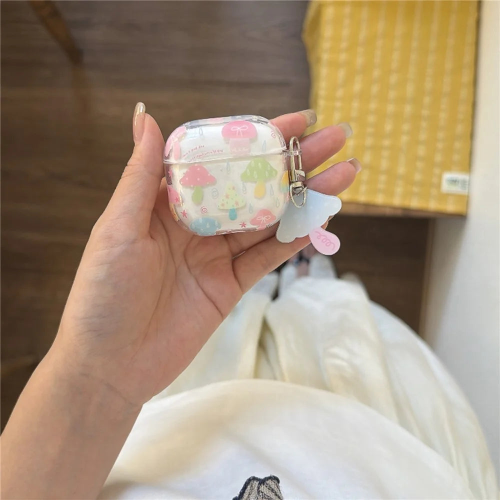 Case for Apple AirPods 4 IMD+TPU Colorful Mushroom Protective Cover with Keychain Charm & Buckle Clip - 6