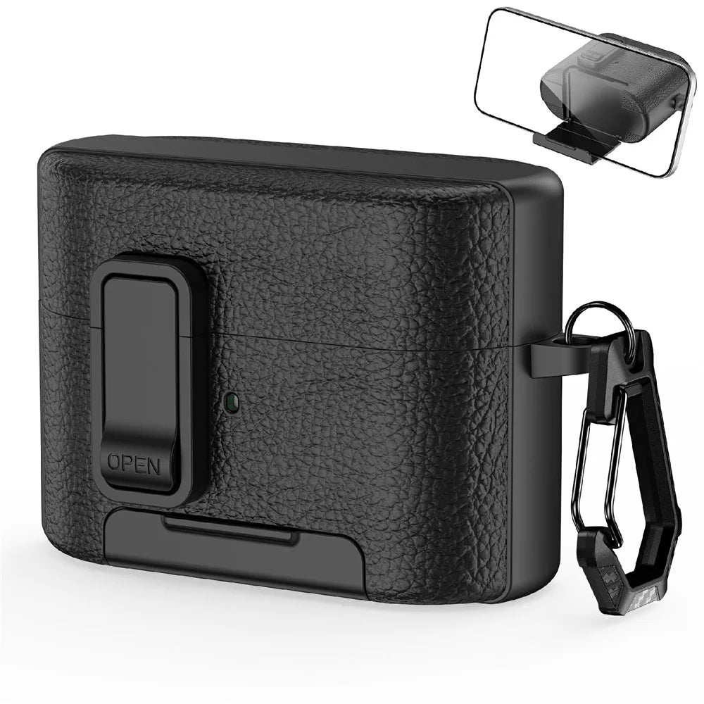 For Sony WF-1000XM6 Protective Case with Stand Litchi Texture TPU + PC Earphone Cover with Lock and Carabiner - Black - 1