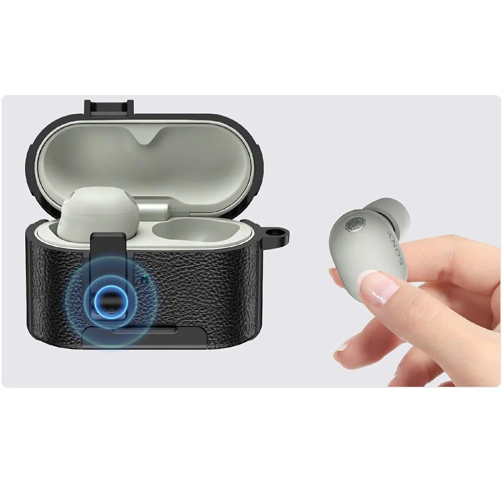 For Sony WF-1000XM6 Protective Case with Stand Litchi Texture TPU + PC Earphone Cover with Lock and Carabiner - Black - 4
