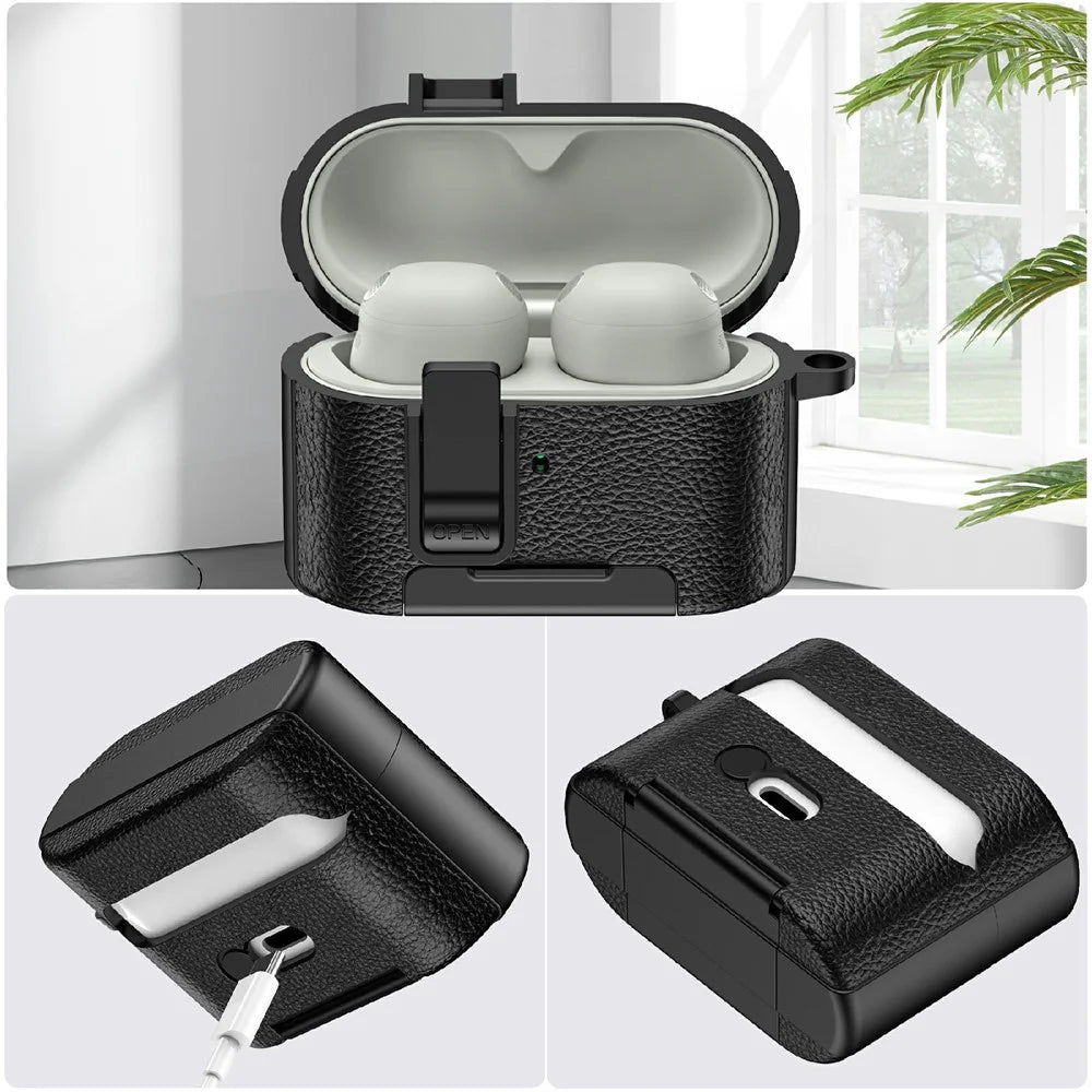 For Sony WF-1000XM6 Protective Case with Stand Litchi Texture TPU + PC Earphone Cover with Lock and Carabiner - Black - 5