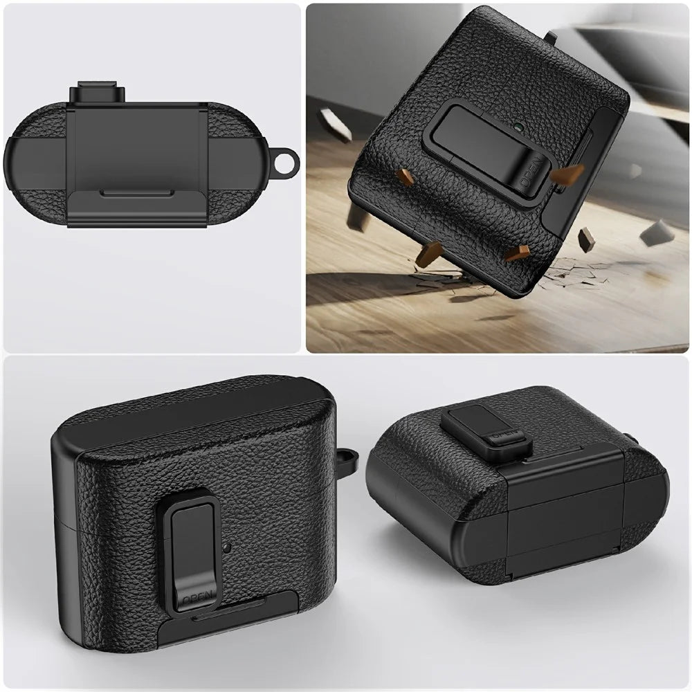 For Sony WF-1000XM6 Protective Case with Stand Litchi Texture TPU + PC Earphone Cover with Lock and Carabiner - Black - 6