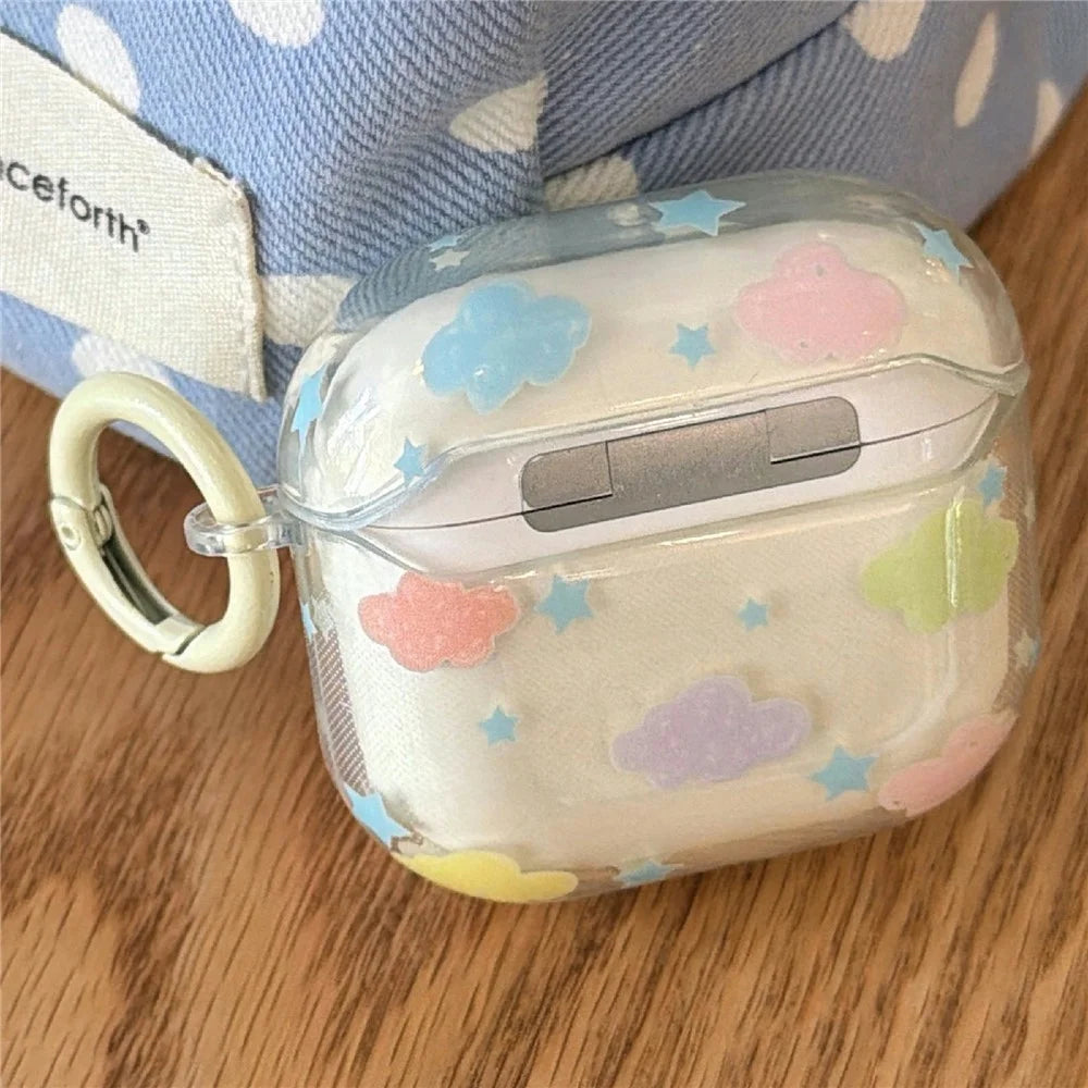 Clear Case for AirPods 4 IMD+TPU Clouds Stars Pattern Shockproof Protective Cover with Keychain Charm & Buckle Clip - 2