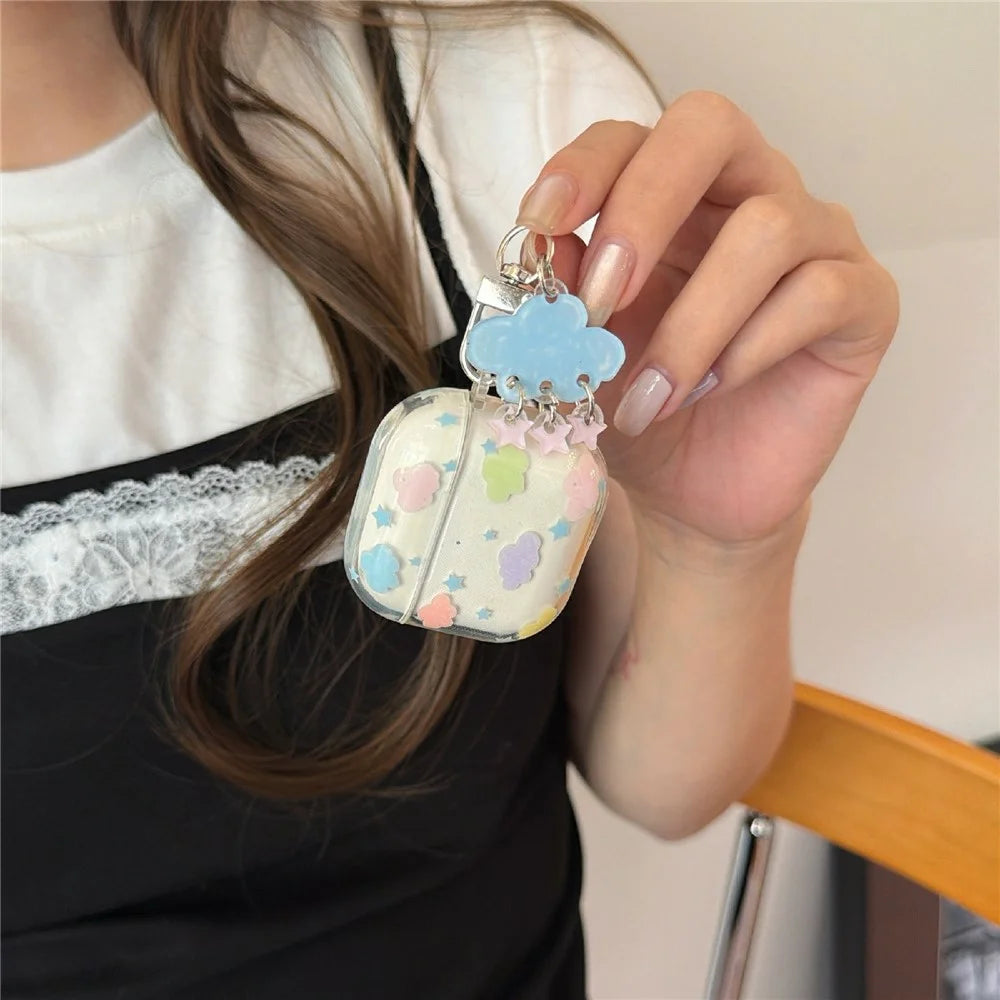 Clear Case for AirPods 4 IMD+TPU Clouds Stars Pattern Shockproof Protective Cover with Keychain Charm & Buckle Clip - 4