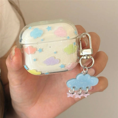 IMD+TPU Clear Case for AirPods 3 Cloud Star Pattern Protective Cover with Keychain Charm & Buckle Clip - 1