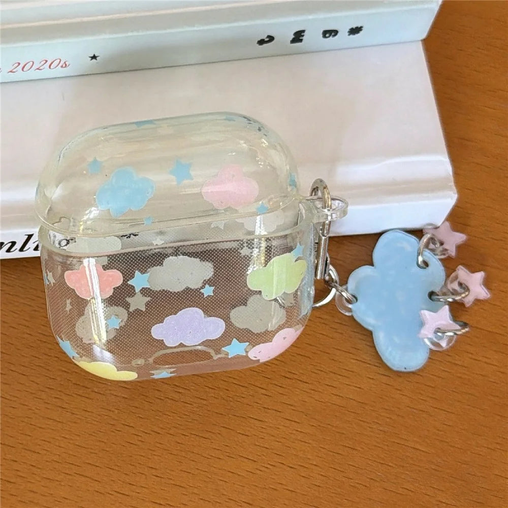 IMD+TPU Clear Case for AirPods 3 Cloud Star Pattern Protective Cover with Keychain Charm & Buckle Clip - 3