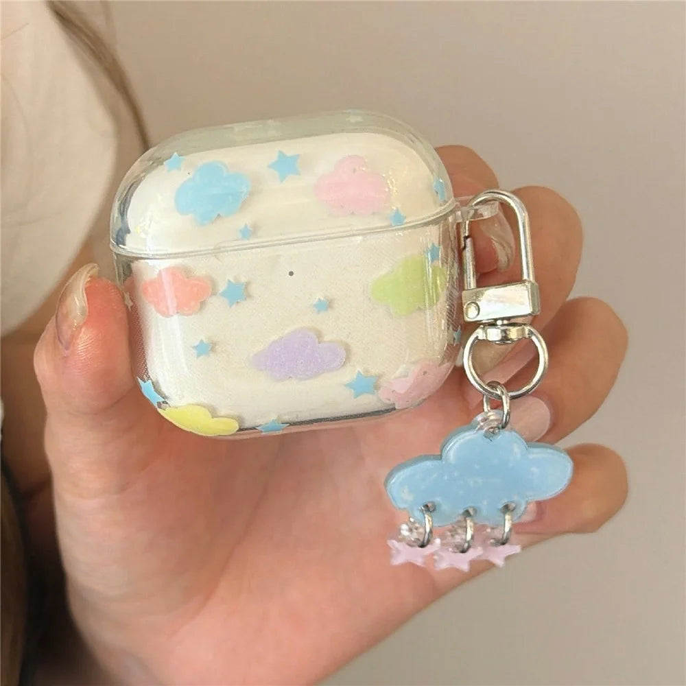 Clear Case for AirPods Pro 3 Cloud Star Pattern IMD+TPU Transparent Protective Cover with Keychain Charm & Buckle Clip - 1