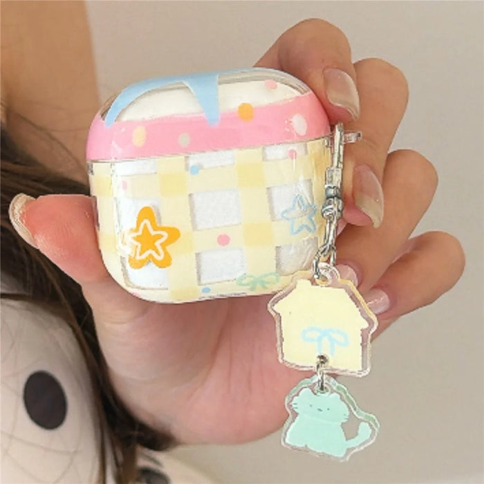 For AirPods 4 Case Yellow Grid Stars Pattern TPU Protective Cover with Pendant Buckle - 1