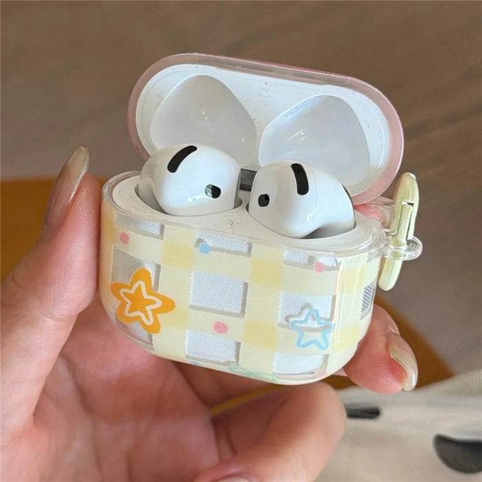For AirPods 4 Case Yellow Grid Stars Pattern TPU Protective Cover with Pendant Buckle - 3