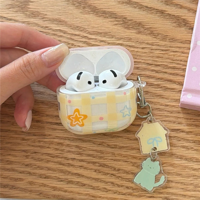 For AirPods 4 Case Yellow Grid Stars Pattern TPU Protective Cover with Pendant Buckle - 6