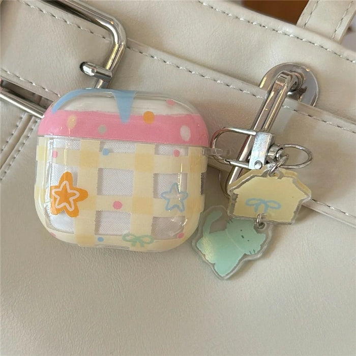 For AirPods 4 Case Yellow Grid Stars Pattern TPU Protective Cover with Pendant Buckle - 7
