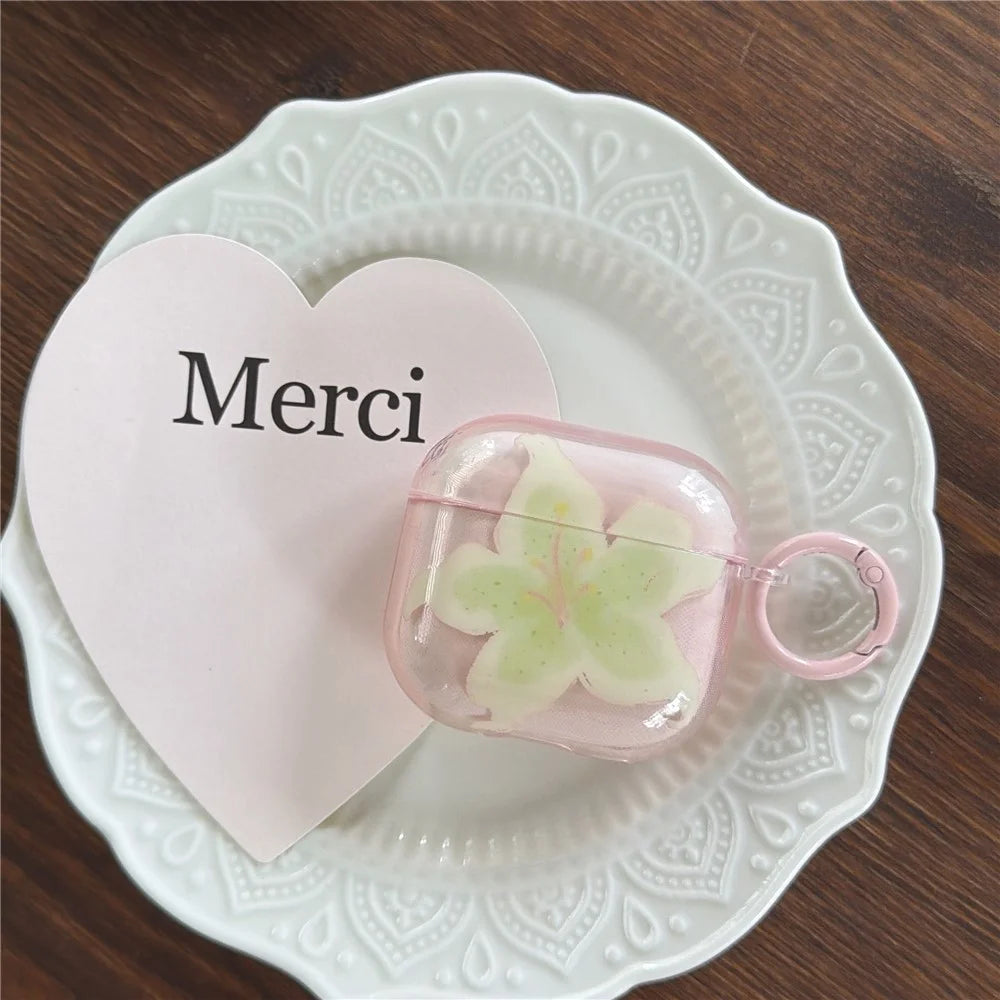 Clear Case for AirPods Pro 3 IMD Lily Flower Design TPU Protective Cover with Metal Buckle - Transparent Pink - 2