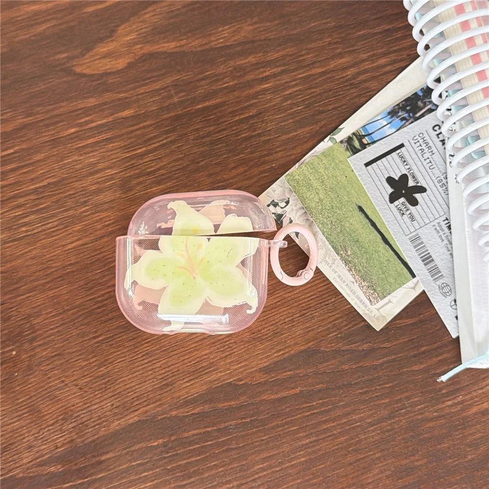 Clear Case for AirPods Pro 3 IMD Lily Flower Design TPU Protective Cover with Metal Buckle - Transparent Pink - 6