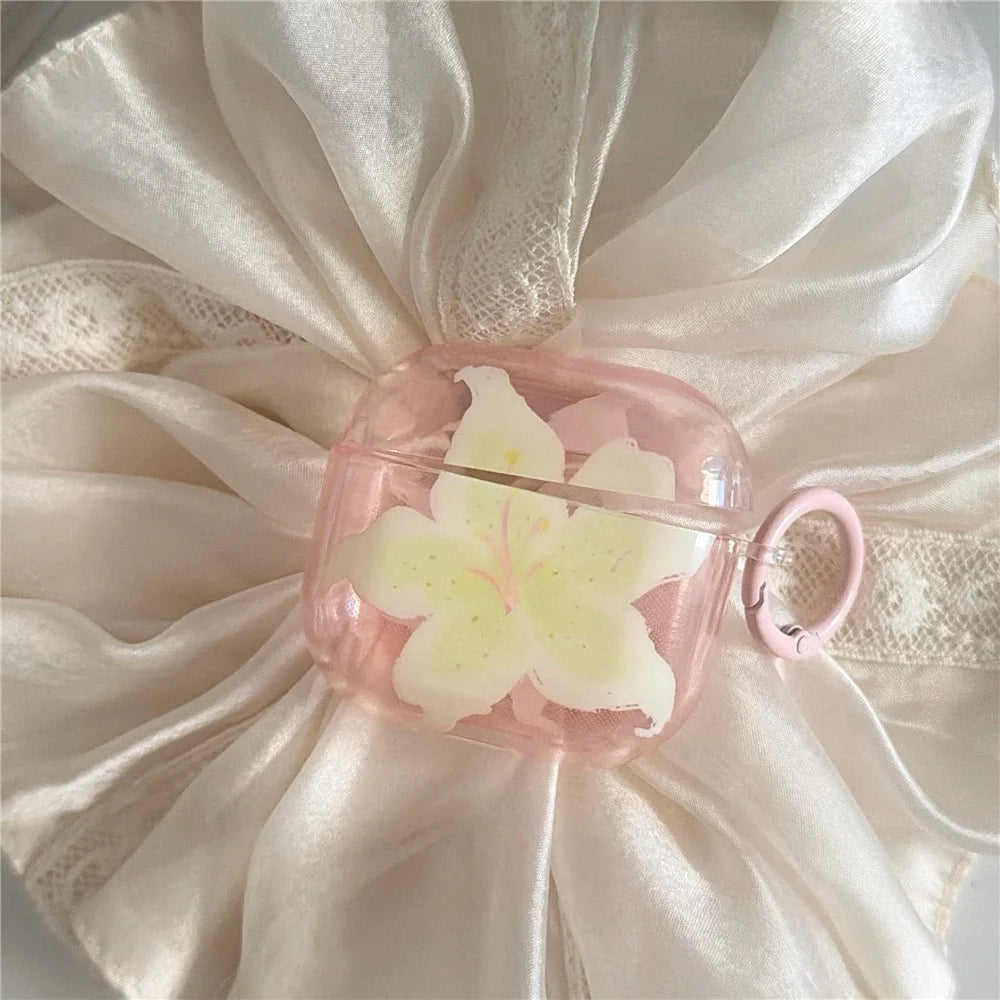 Clear Case for AirPods Pro 3 IMD Lily Flower Design TPU Protective Cover with Metal Buckle - Transparent Pink - 7