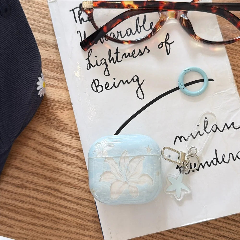 Case for AirPods Pro 3 Lily Flower Pattern TPU Protective Cover with Metal Clip and Keychain Charm - 2