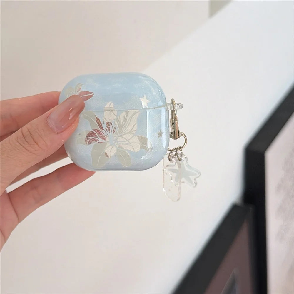 Case for AirPods Pro 3 Lily Flower Pattern TPU Protective Cover with Metal Clip and Keychain Charm - 3