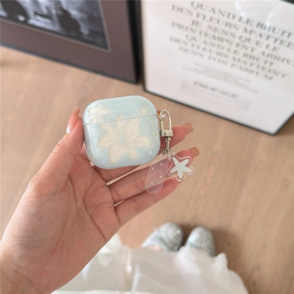 Case for AirPods Pro 3 Lily Flower Pattern TPU Protective Cover with Metal Clip and Keychain Charm - 6