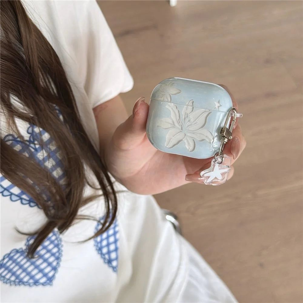 Case for AirPods Pro 3 Lily Flower Pattern TPU Protective Cover with Metal Clip and Keychain Charm - 7