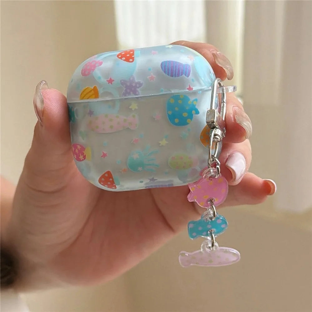 Case for AirPods 4 Frosted Underwater World Protective Cover TPU Soft Durable Shell with Fish-Shaped Charm & Buckle Clip - 2