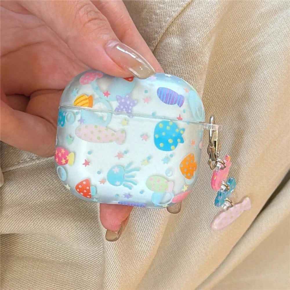 Case for AirPods 4 Frosted Underwater World Protective Cover TPU Soft Durable Shell with Fish-Shaped Charm & Buckle Clip - 3