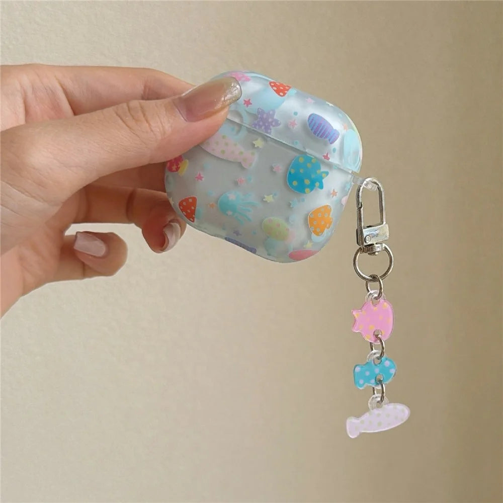 Case for AirPods 4 Frosted Underwater World Protective Cover TPU Soft Durable Shell with Fish-Shaped Charm & Buckle Clip - 4