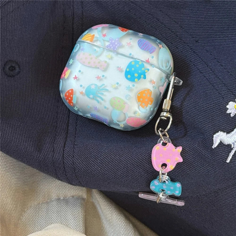 Case for AirPods 4 Frosted Underwater World Protective Cover TPU Soft Durable Shell with Fish-Shaped Charm & Buckle Clip - 6