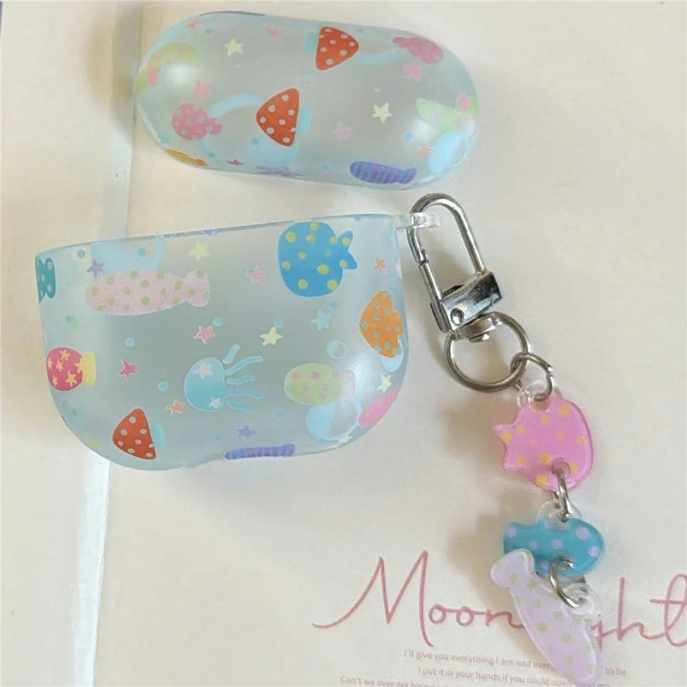 Case for AirPods 4 Frosted Underwater World Protective Cover TPU Soft Durable Shell with Fish-Shaped Charm & Buckle Clip - 7