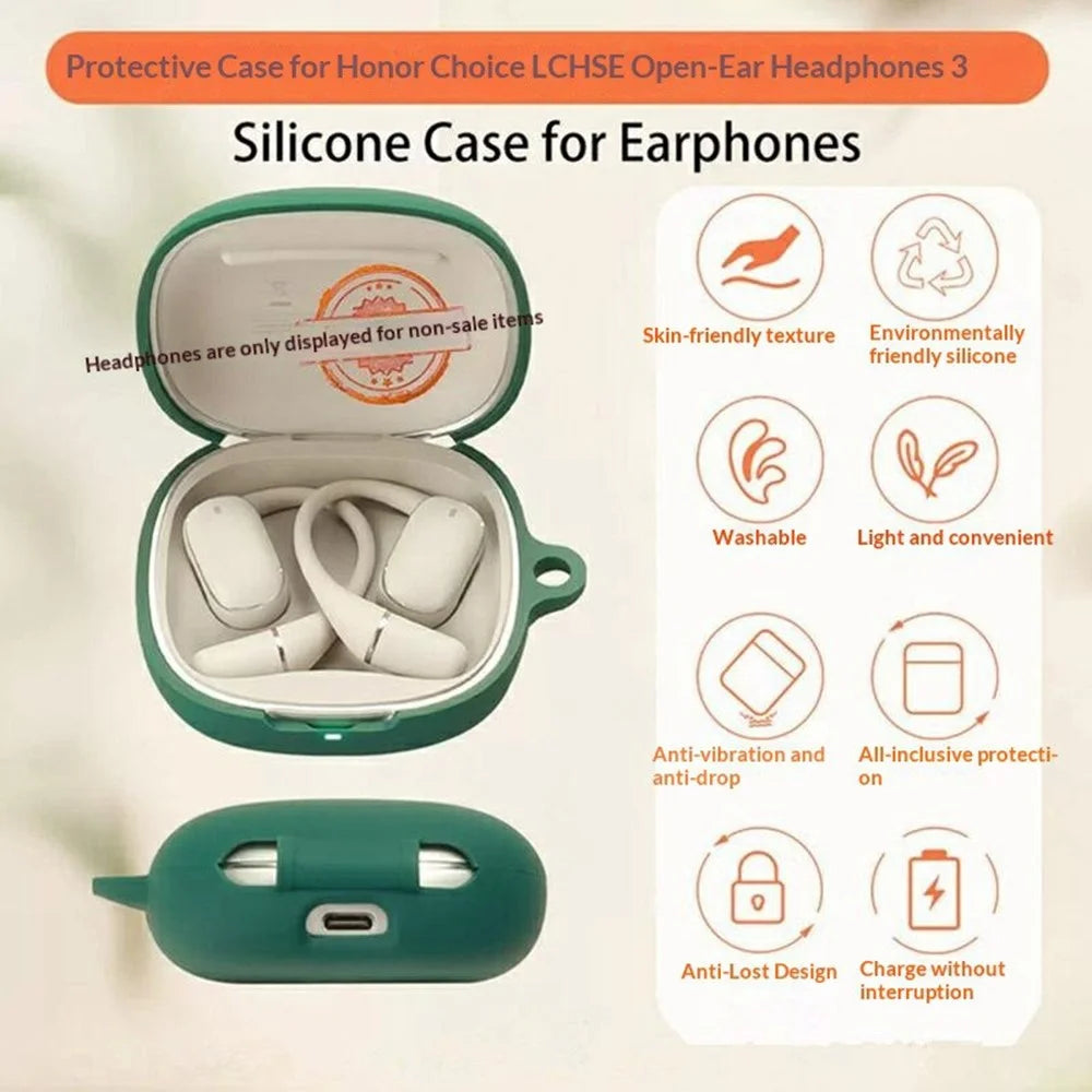 For Honor Choice LCHSE Open-Ear Earbuds 3 Silicone Case Wireless Earbuds Protective Cover with Anti-Lost Buckle - Blackish Green - 7