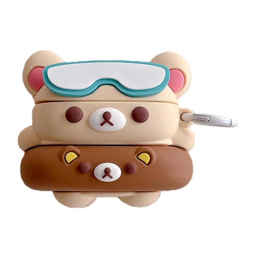 For AirPods Pro 3 Silicone Case Cartoon Swimming Ring Bear Earphone Protective Cover with Carabiner - 1