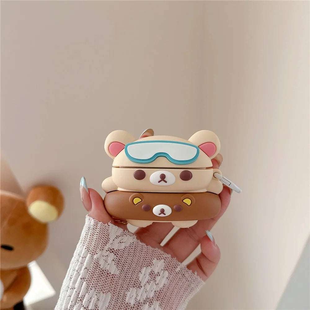 For AirPods Pro 3 Silicone Case Cartoon Swimming Ring Bear Earphone Protective Cover with Carabiner - 2