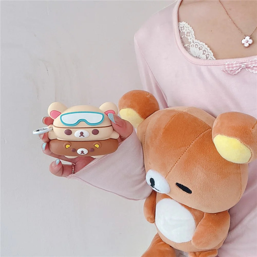 For AirPods Pro 3 Silicone Case Cartoon Swimming Ring Bear Earphone Protective Cover with Carabiner - 4
