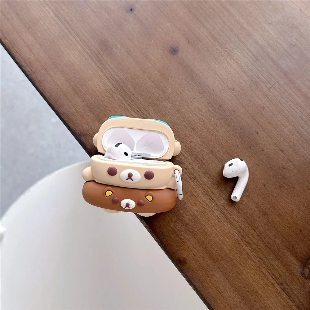 For AirPods 4 Silicone Case Cartoon Swimming Ring Bear Earphone Protective Cover with Carabiner - 3