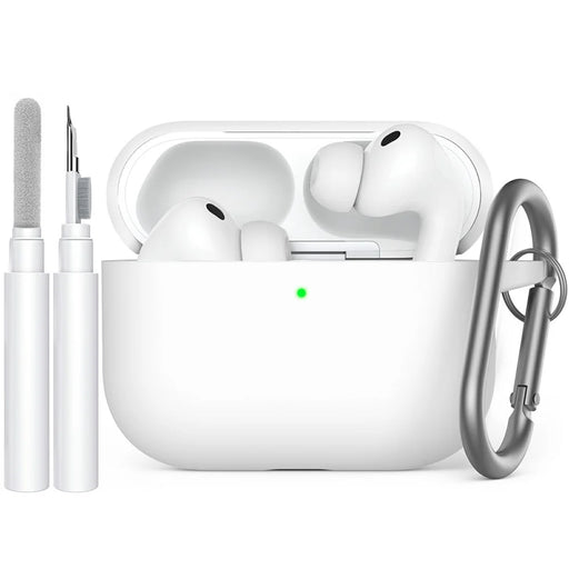 AHASTYLE WG184 for AirPods Pro 3 Case Split Design Thickened Silicone Earphone Cover with Carabiner + Cleaning Pen Kit - White - 1