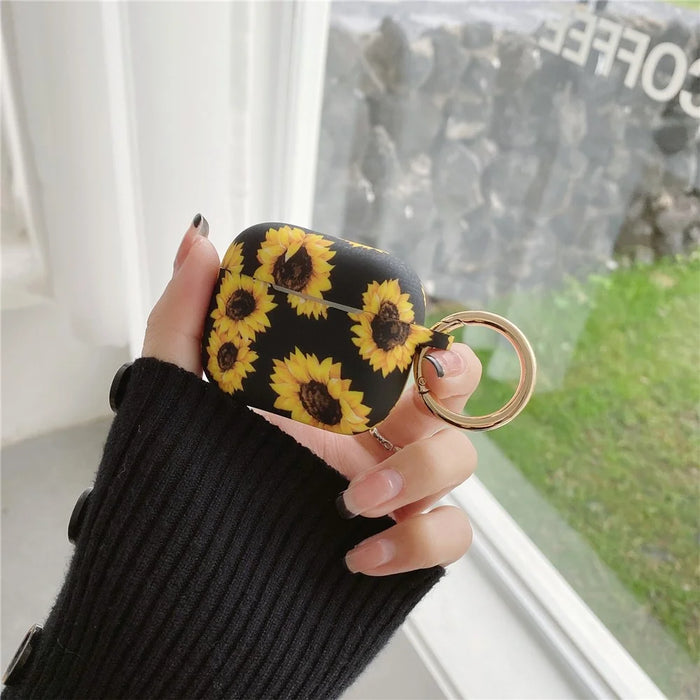 For AirPods 3 Silicone Case Daisy Sunflower Pattern Earphone Protective Cover with Metal Buckle - Black - 1