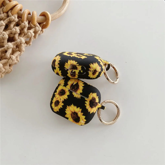 For AirPods 3 Silicone Case Daisy Sunflower Pattern Earphone Protective Cover with Metal Buckle - Black - 4