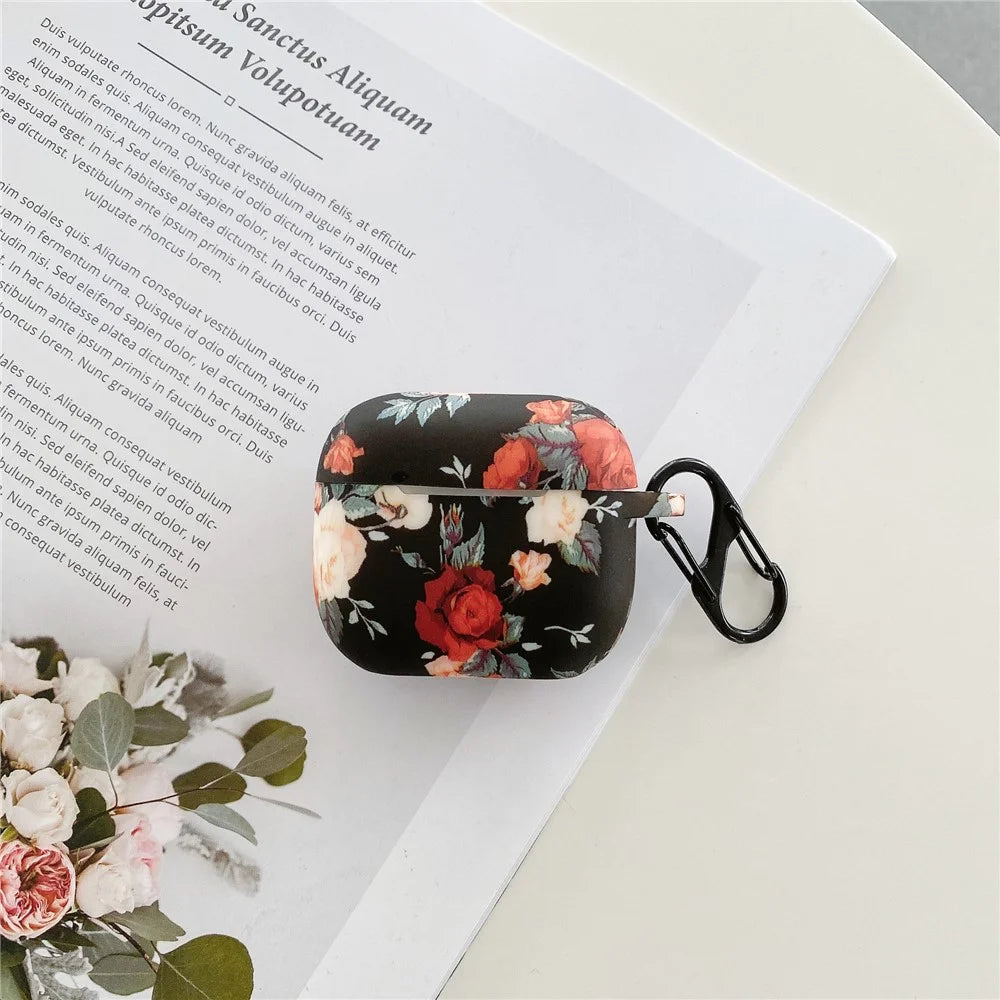 For Apple AirPods 3 Rose Flower Pattern Silicone Case Protective Cover with Anti-Lost Hook - 1