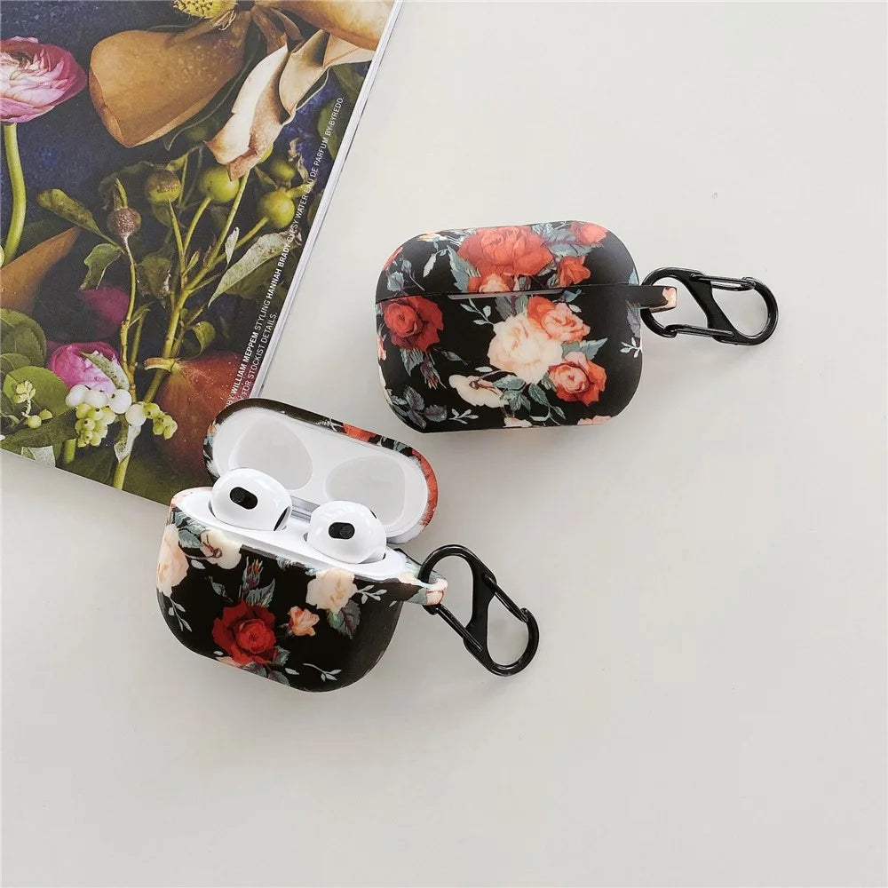 For Apple AirPods 3 Rose Flower Pattern Silicone Case Protective Cover with Anti-Lost Hook - 3