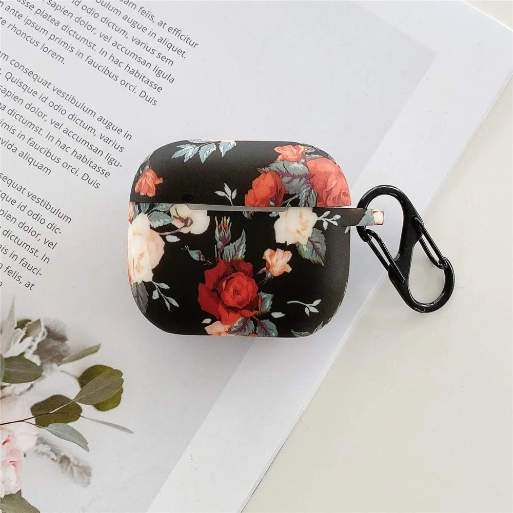 For Apple AirPods 4 Rose Flower Pattern Silicone Case Protective Cover with Anti-Lost Hook - 1