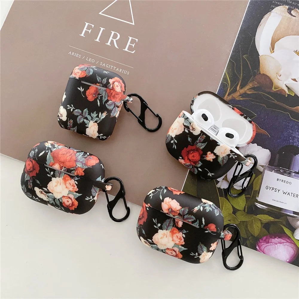 For Apple AirPods 4 Rose Flower Pattern Silicone Case Protective Cover with Anti-Lost Hook - 7