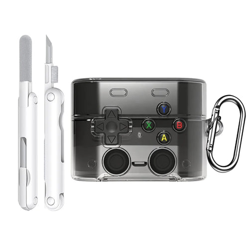 For Sony WF-1000XM6 Protective Case Gamepad Style Bluetooth-compatible Earbuds TPU Shockproof Cover with Carabiner + Cleaning Pen Kit - Transparent Black - 1