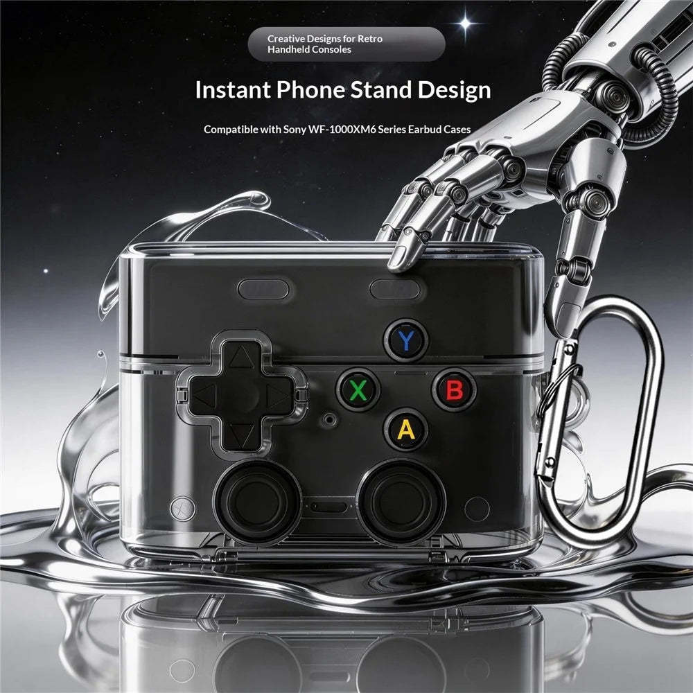 For Sony WF-1000XM6 Protective Case Gamepad Style Bluetooth-compatible Earbuds TPU Shockproof Cover with Carabiner + Cleaning Pen Kit - Transparent Black - 6
