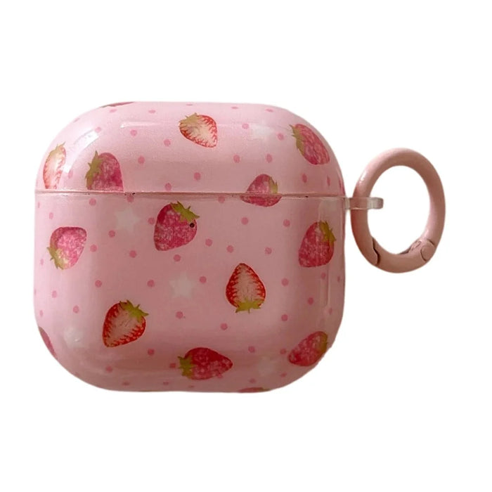 For AirPods 3 Case Strawberry Pattern TPU Earphone Protective Cover with Carabiner - 1