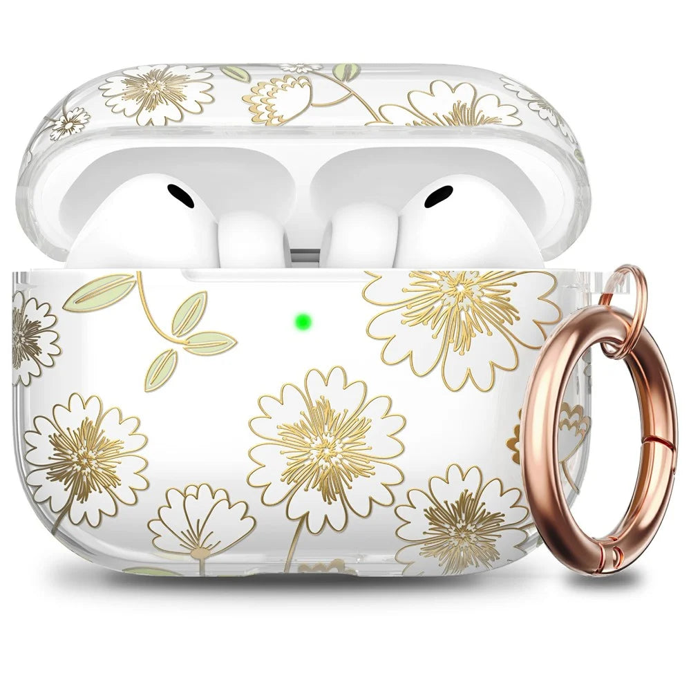 AHASTYLE WE40 for AirPods Pro 3 Case Pattern Print Transparent TPU Shockproof Protective Cover with Carabiner - Lacquered Flowers - 1