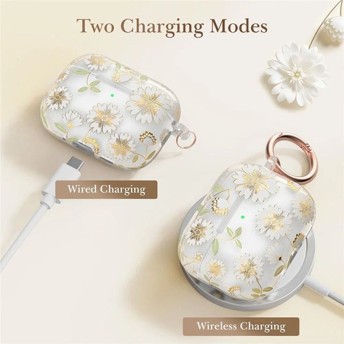 AHASTYLE WE40 for AirPods Pro 3 Case Pattern Print Transparent TPU Shockproof Protective Cover with Carabiner - Lacquered Flowers - 3