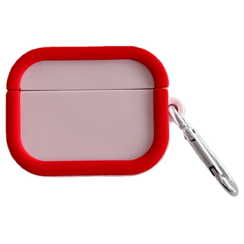 Silicone Case for Apple AirPods 4 Charging Case Macaron Color Blocking Protective Cover with Metal Carabiner - Pink+Red - 1